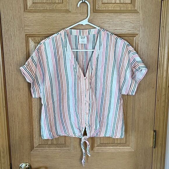 GAP Striped Tie Front Short Sleeve Top Medium - Picture 3 of 8